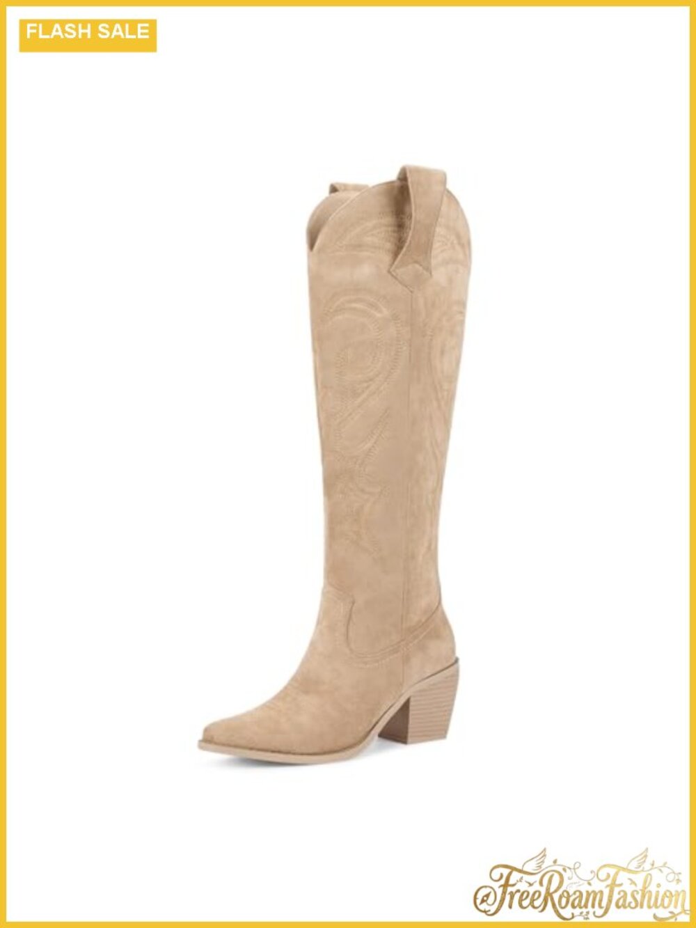 Womens Knee High Cowboy Boots Faux Suede Western Embroidered Mid Heel